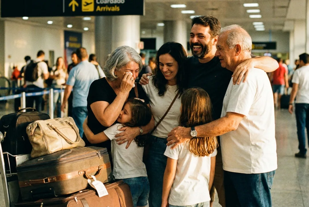 Família brasileira se reencontrando no aeroporto