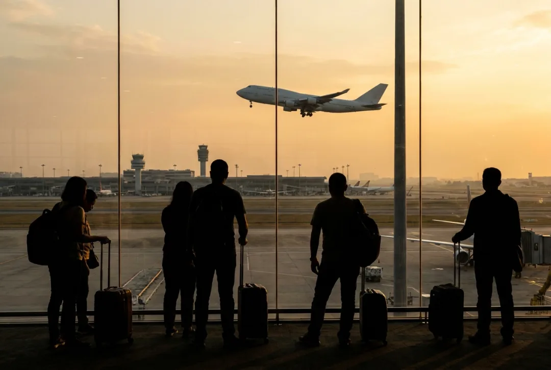 Avião decolando ao pôr do sol em aeroporto internacional